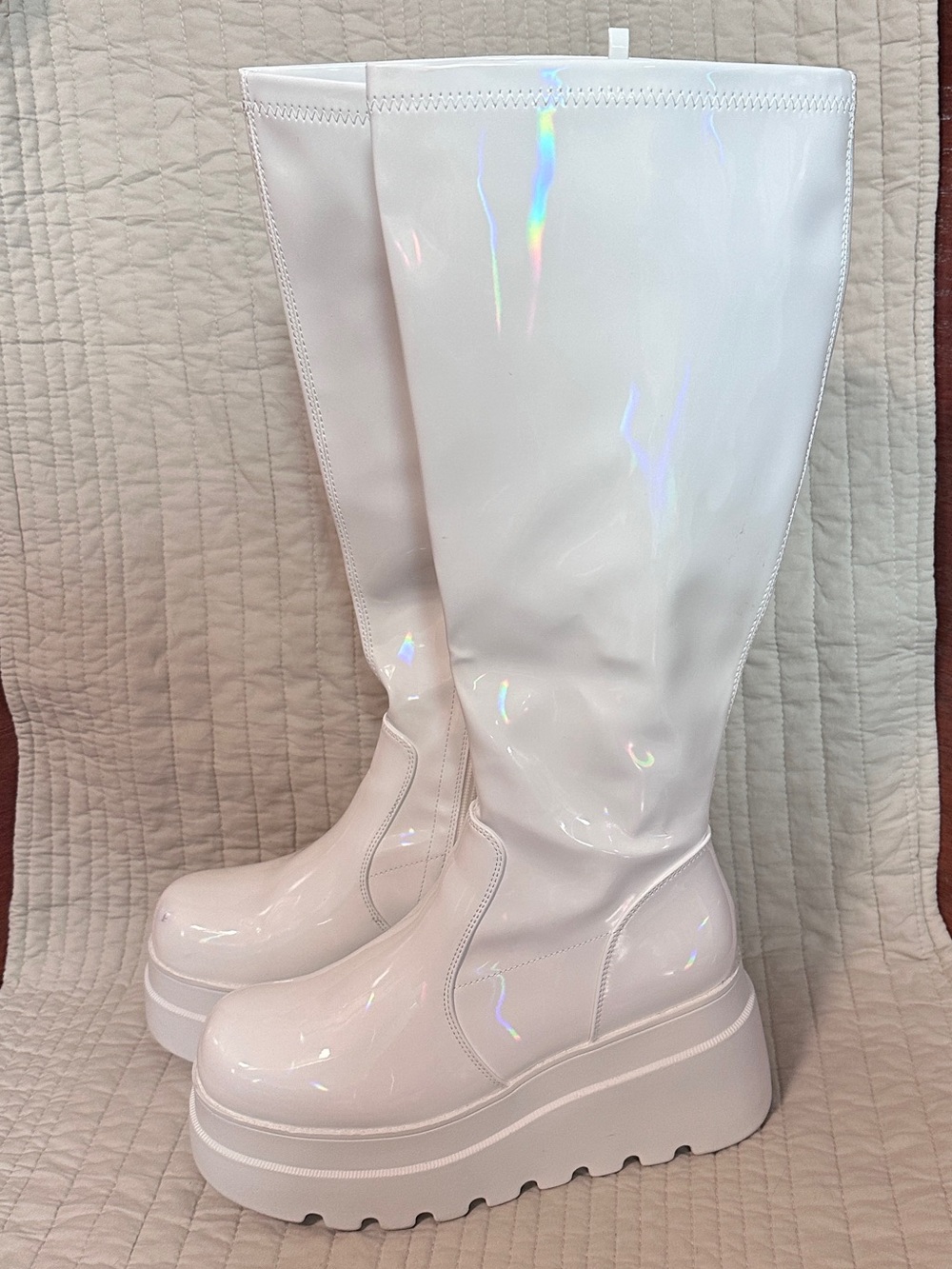 White patent knee-high platform wedge boots size 8.5
